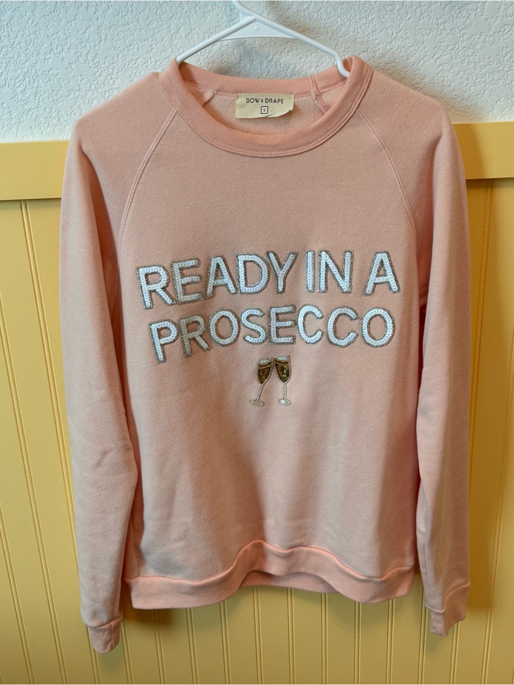 Bow & Drape  "Ready in a Prosecco" Pink Graphic Sequin Sweater